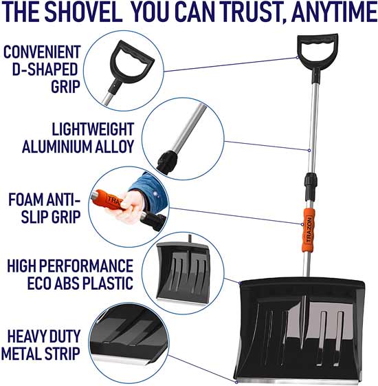Trazon shovel for roof snow removal